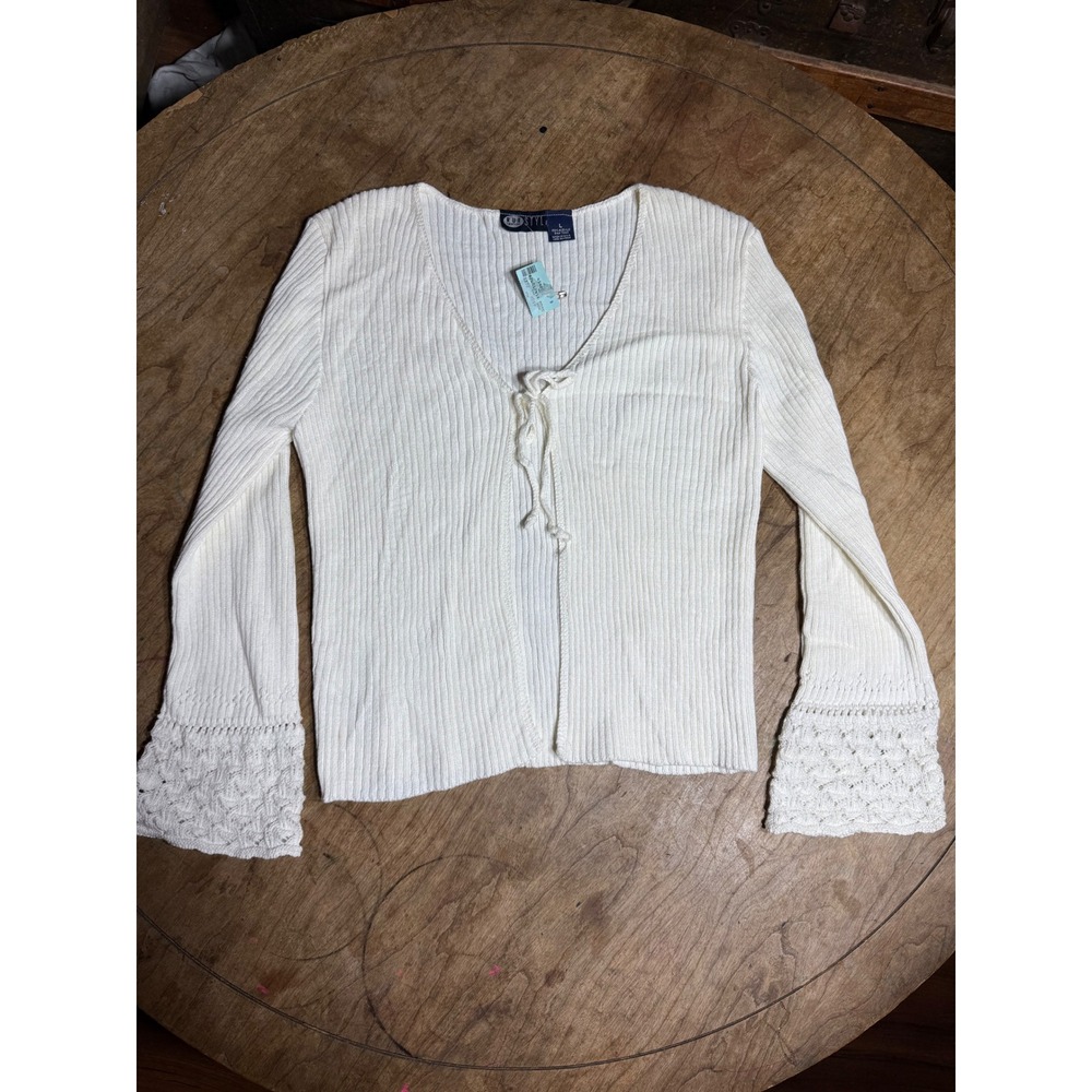Rue 21 Style Cardigan Womens Large Cream  Y2K Tie Front Crochet‎ Bell Sleeve